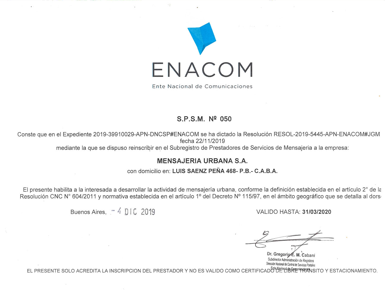 Certificado ENACOM